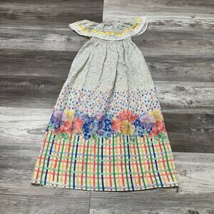 Vintage Kate Greenaway White Green Blue 6 Off-Shoulder Floral Boho Smocked Dress